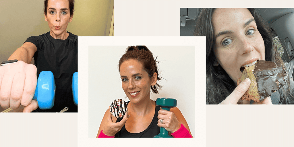 3 images of Natalie Kalmar having fun with fitness & dining out in St. Louis. The left images shows her lifting 2 bright blue barbells, the middle image shows her lifting a green barbell in one hand and holding a sprinkled donut in the other and the right image shoes her eating a half dipped chocolate cookie.  
