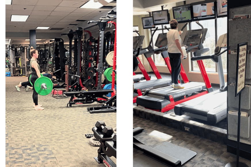 weightlifting and cardio equipment at Nutriformance.  Barbells with weights of differing size and color, treadmills, stair climbers and more. 