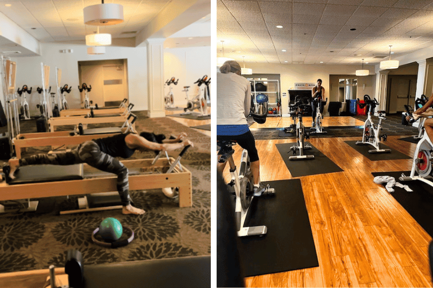 on left, woman stretching out on the Reformer Pilates machine.  On right, Nutriformance's cycling studio shows instructor biking with 2 attendees. 