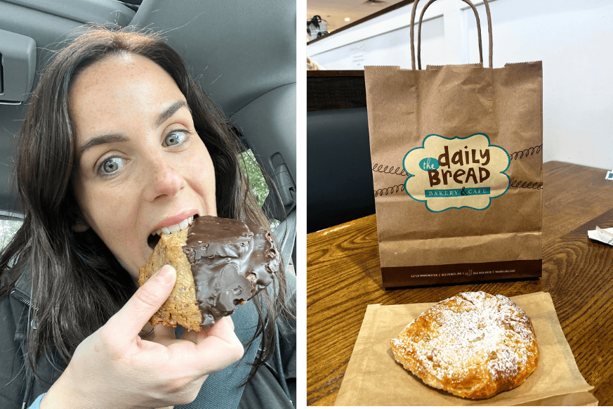 woman seen eating dipped toffee pecan cookie in the car.  also a to-go bag with gooey butter cake danish to eat later.  