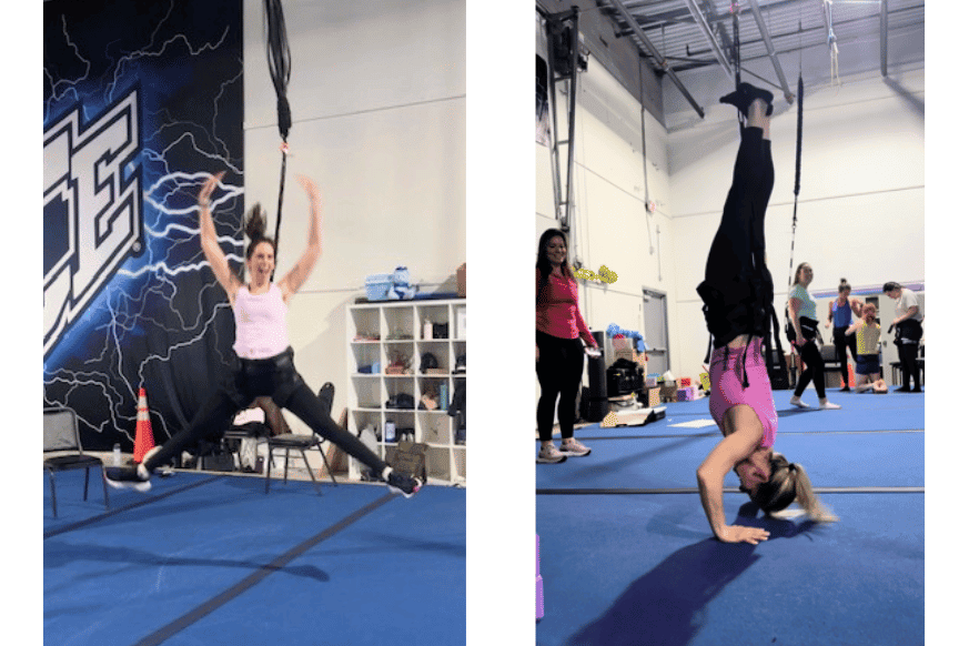 bungee fitness examples star jump and hanging push up. women wearing harness attached to bungee cord
