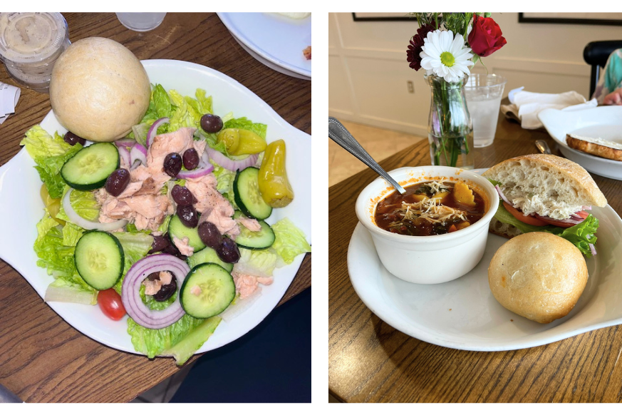 greek salad with salmon, cucumbers, kalamata olives, red onions and cherry tomato.  cup of tortellini soup topped with cheese.  half chicken salad sandwich on ciabatta.