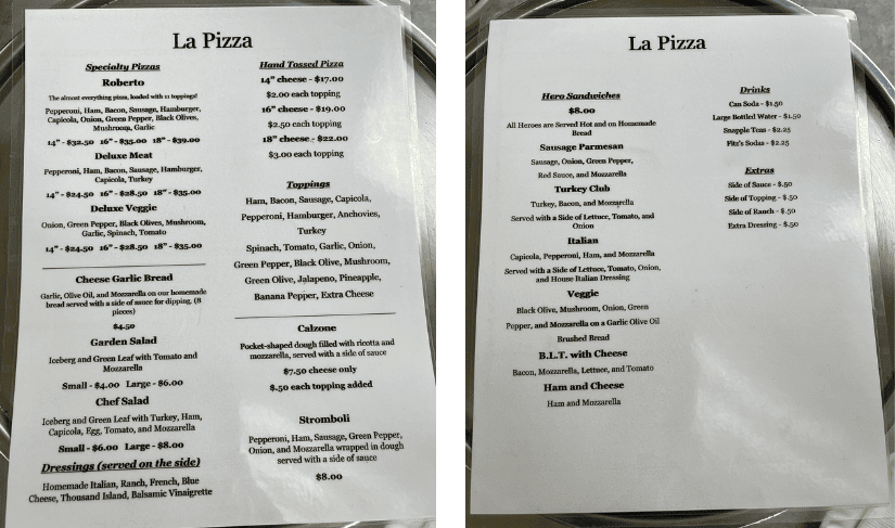 The menu features hand-tossed pizza, salads, calzones, hero sandwiches and more. 