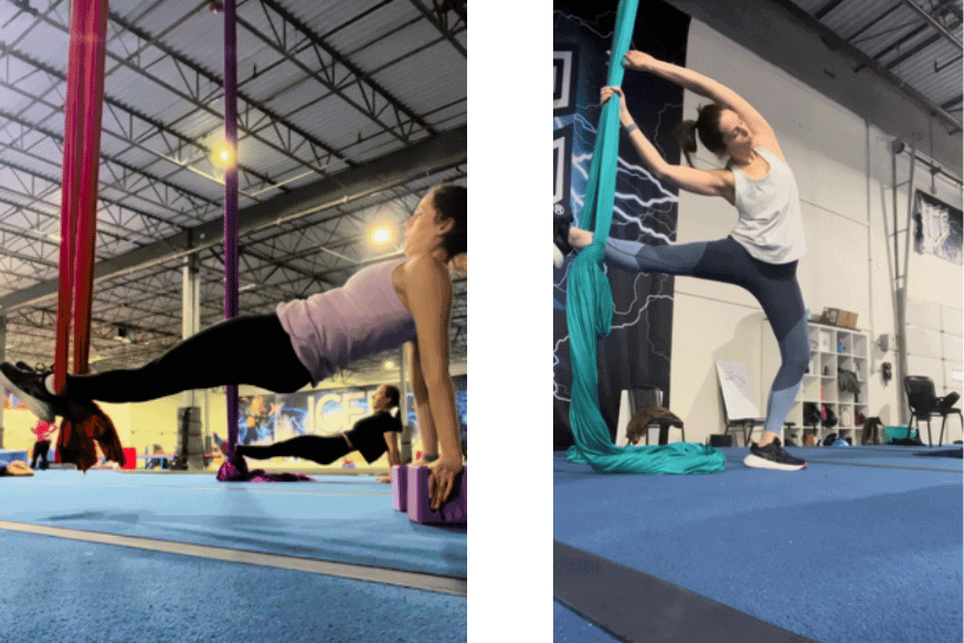 woman uses aerial silk/hammocks to strengthen and stretch her body.