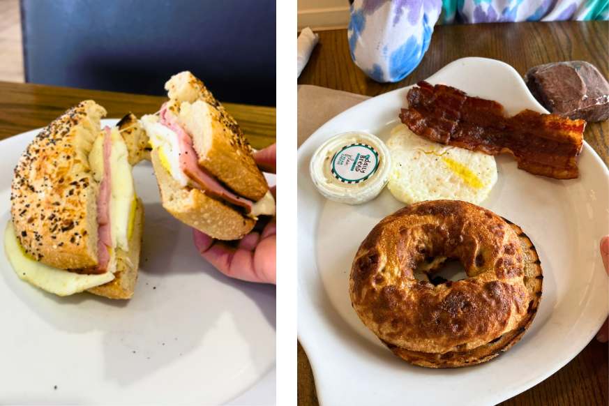 breakfast sandwich with eggs, ham and cheese on an everything bagel.  breakfast platter with cinnamon crunch bagel with crispy bacon and eggs
