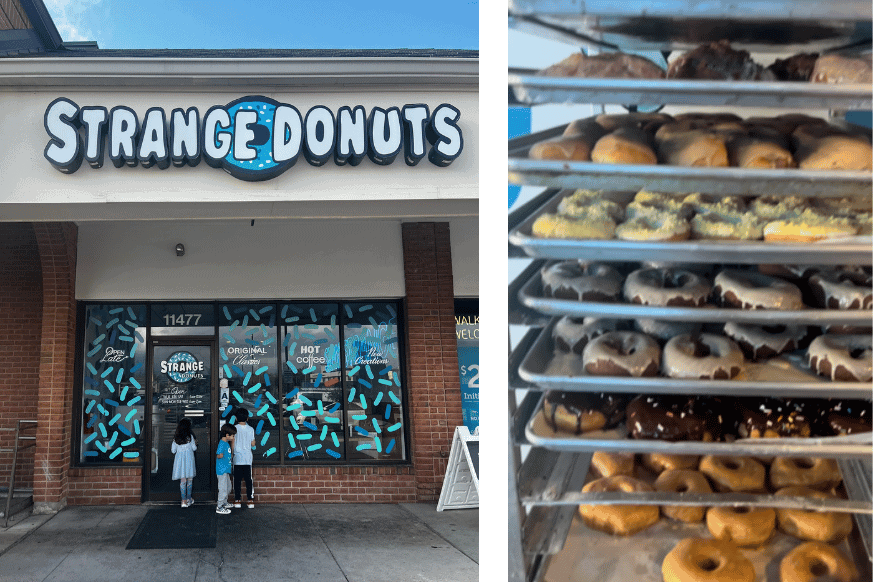 (left)decorated front door of the creve coeur location of strange donuts. (right).  racks for freshly baked donuts