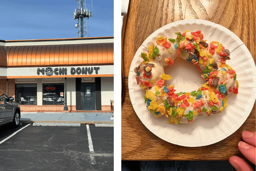 (left) front entrance at Mochi Donut and (right) vanilla donut with krispies.  