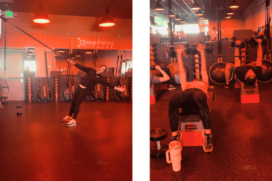 left image shows orangetheory fitness coach modeling a core strenghtening move using the TRX bands.  the right image shows a man and women bench pressing free weights.