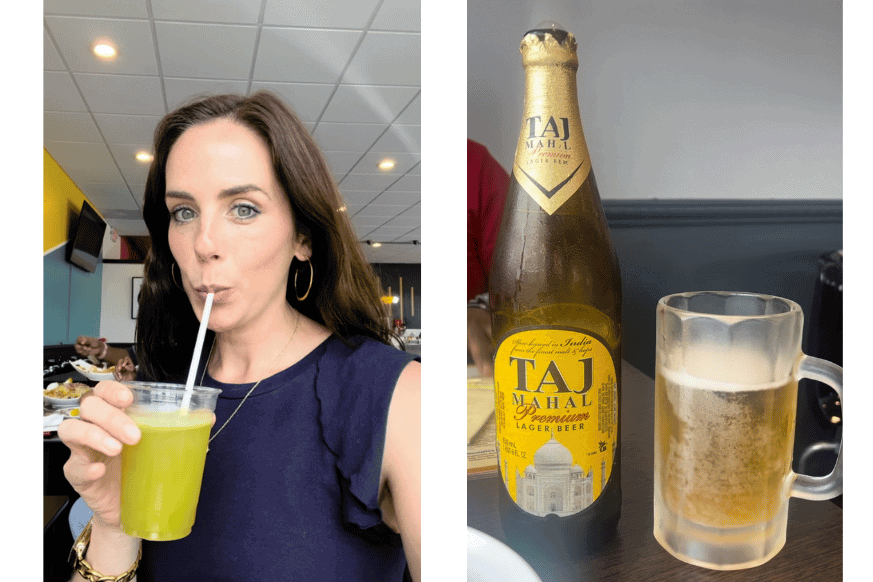 on left.  natalie kalmar, woman with brown hair and a navy dress, sipping on freshly squeezed sugar cane juice a greenish yellow juice with a little froth.    on right, a frosty mug of freshly poured Taj Mahal premium lager beer. 