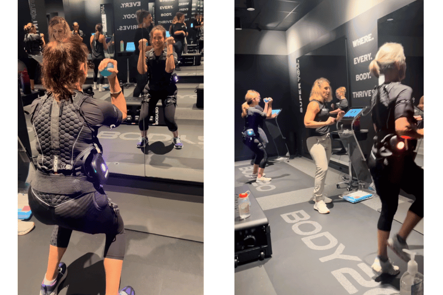 EMS fitness class with participants wearing EMS body suits.  On the left, women squatting while squeezing med balls and smiling in the mirror. 
On the right, fitness coach cheers on female participant doing high knees.