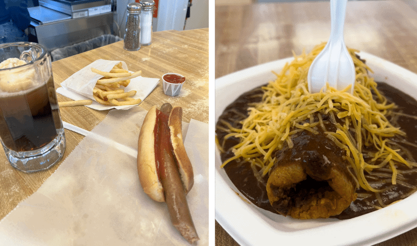 footlong hotdog, french fries, rootbeer float, tamale topped with chili