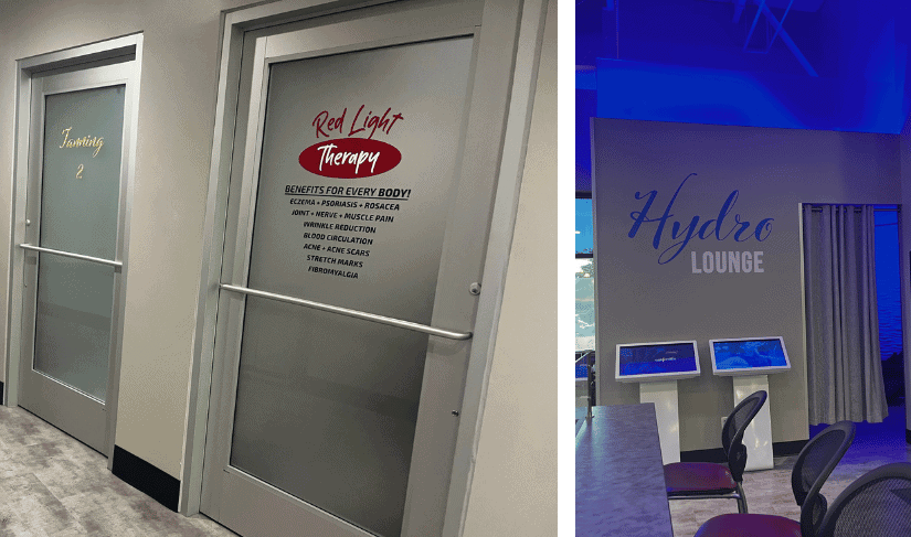 amenities at Club Fitness, door leading to red light therapy and tanning rooms + curtain outside the hydrotherapy massage chairs