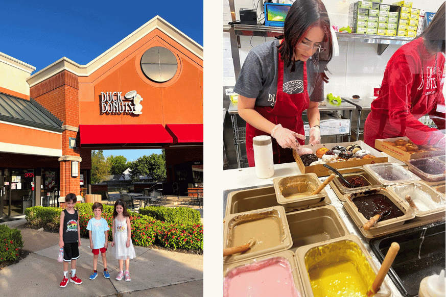 on the left, 3 kids stand outside the chesterfield duck donut location.  on the right, see the work area with various icing flavors and a duck donut employee assembling a box of donuts. 