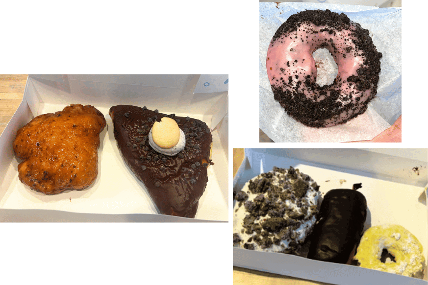 The unique offerings from Strange Donuts showing various donuts of different shapes, sizes, icing colors and toppings from Strange Donuts.  