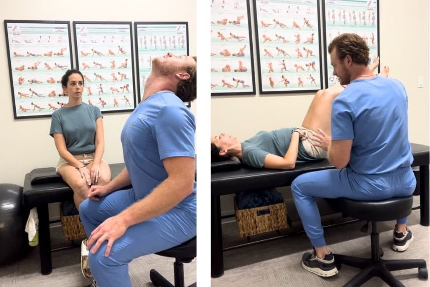 dr drew rapert, chiropractor demonstrating rehab exercises for patient. on left he is demonstrating a neck exercise and on the right he is demonstrating a core strengthening exercise.  patient is middle aged women with brown hair.