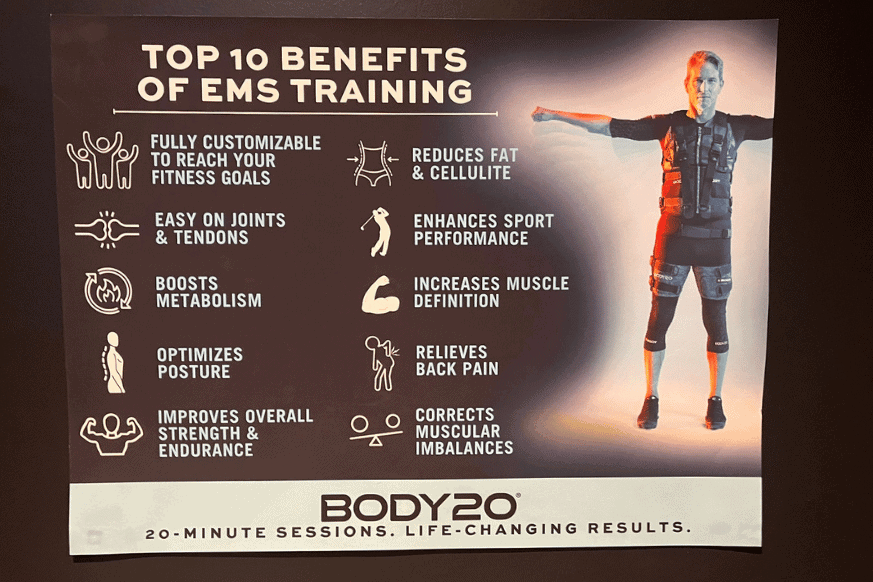 Printed graphic showing the Top 10 benefits of EMS Training from Body20 in Des Peres, MO.