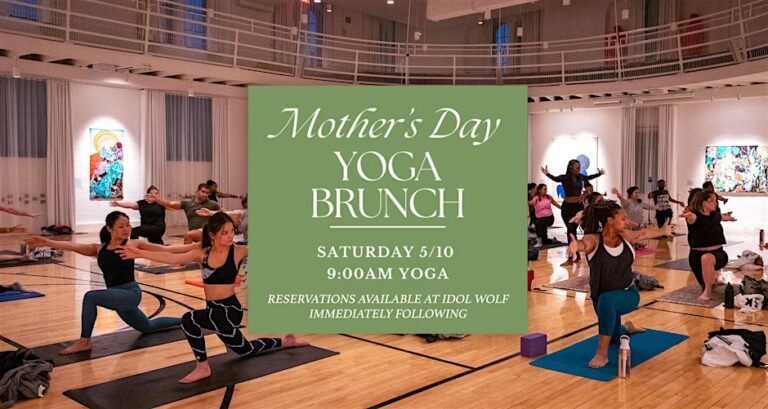 A vibrant banner for a yoga brunch event with the information prominently displayed in the center.
