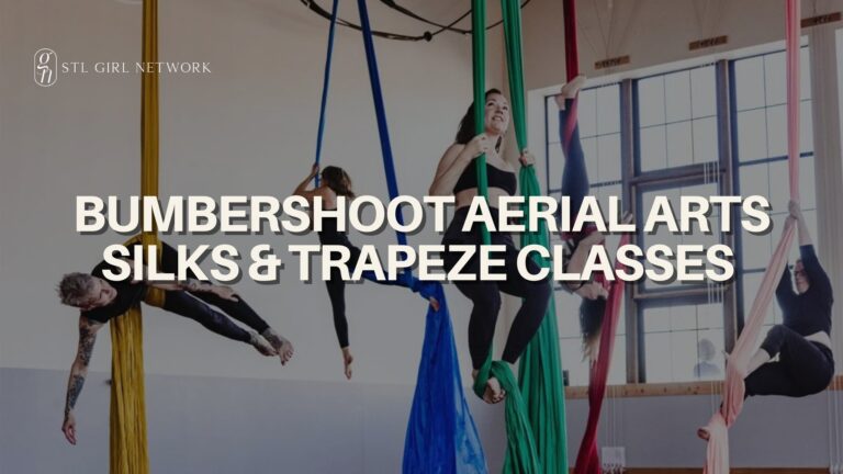 A vibrant banner for a silk and trapeze event with the information prominently displayed in the center.