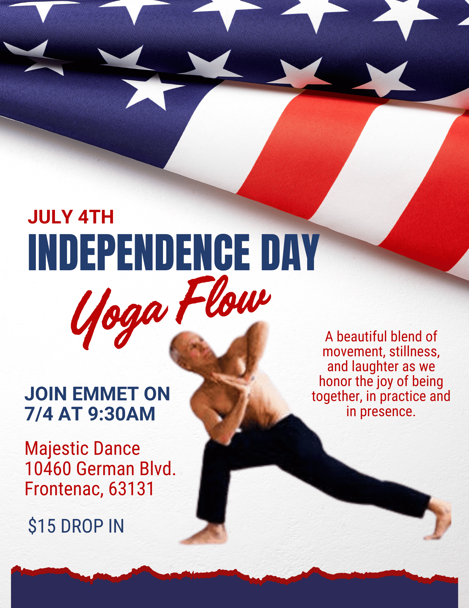 red white and blue flyer featuring shirtless man, emmet schmelig, holding prayer pose
