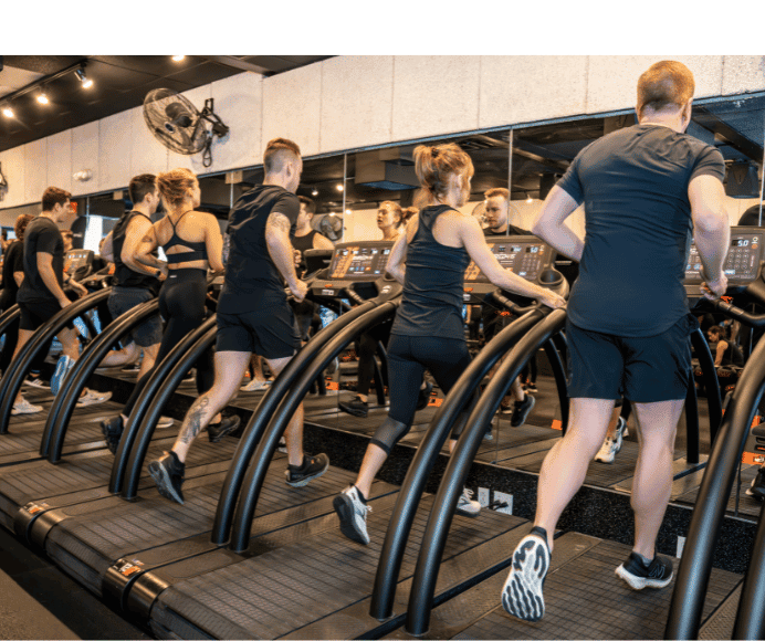 5 men & women wearing all black are shown running or jogging on the shred415 treadmills