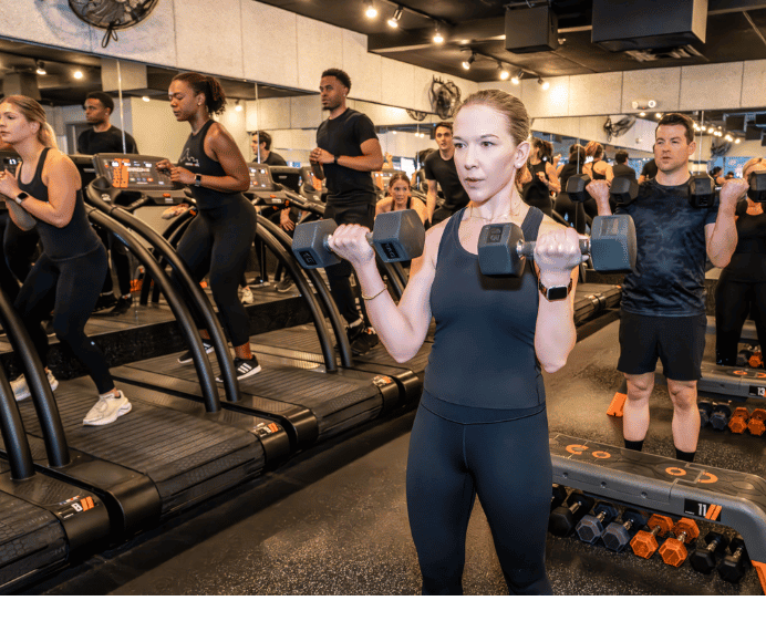 shred participants wearing all black are shown side shuffling on a treadmill or doing a bicep curl on the floor