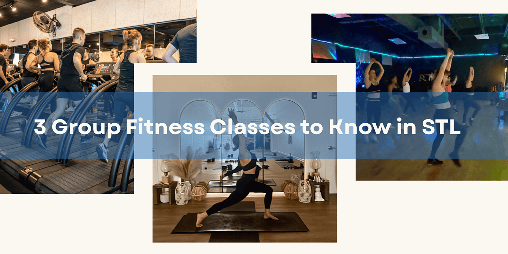graphic showing 3 images, one from each featured class - treadmill running, yoga pose and dance class