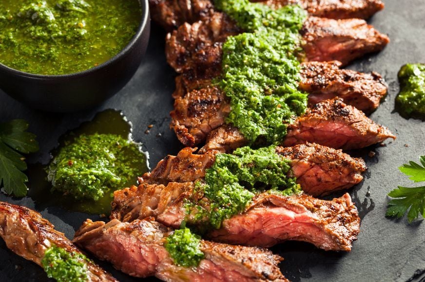 skirt steak with chimichurri sauce drizzle