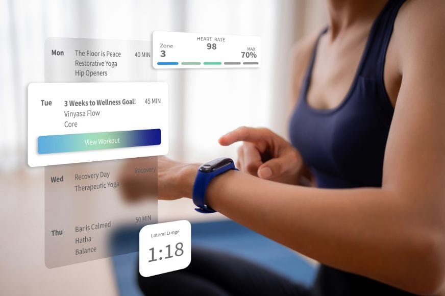 woman wearing an athletic top is touch her smart watch while pop ups show her heart rate and a remind her of a health goal and fitness class
