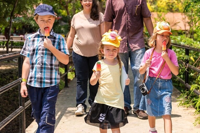 family of 5 waling in a park with popsicles